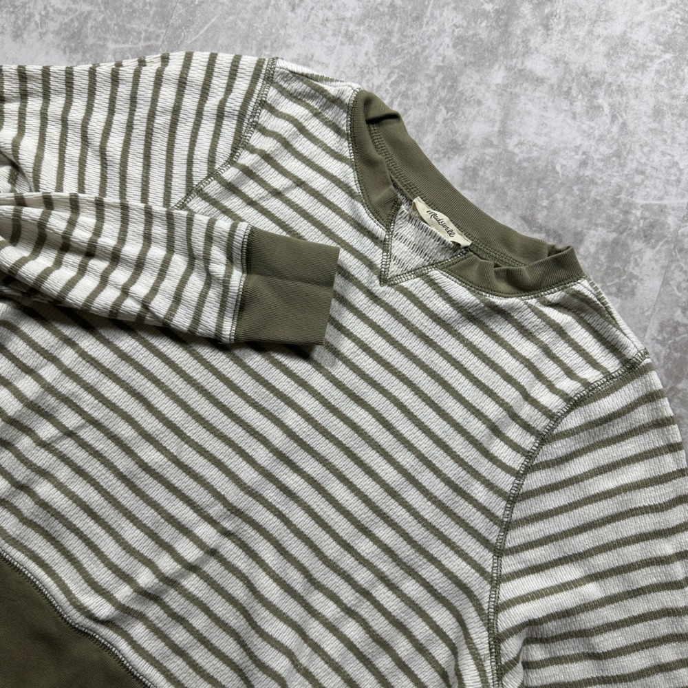 Madewell Top Women XXS Olive Green Striped Waffle Knit Long Sleeve Top